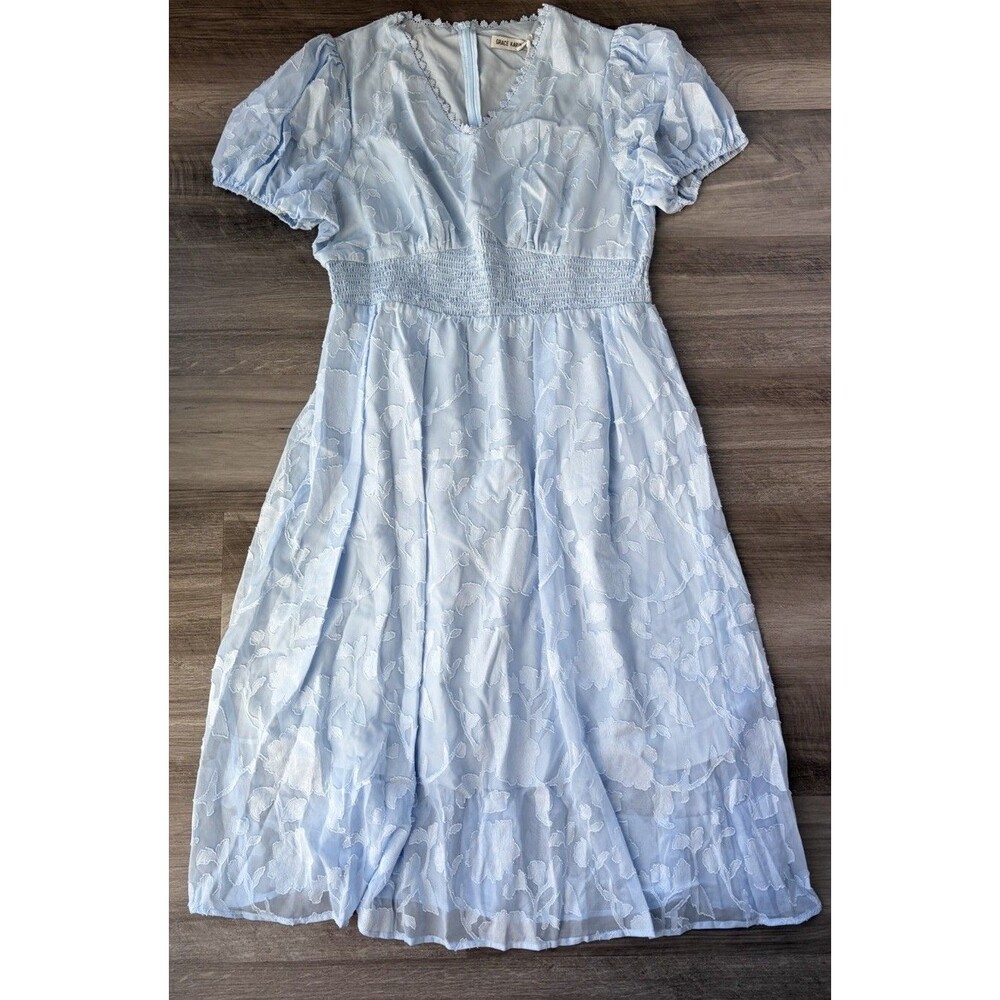 Grace Karin Dress XL NWT Light Blue Puff Sleeve Textured Smocked V-Neck Midi